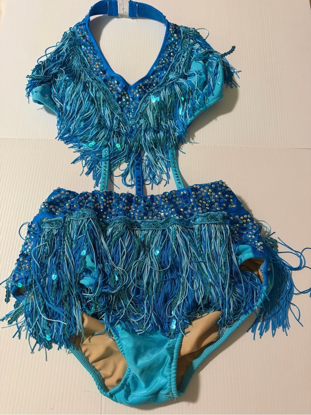 Glamour LA Adult Turquoise Fringe Jazz Costume Rhinestone Latin cabaret Solo - Picture 3 of 8